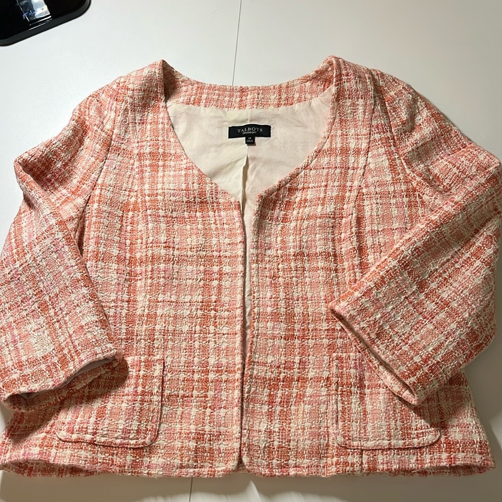 Talbots Orange,Pink & Cream Tweed Open Blazer w/pockets & Cropped Length Size 14 - Picture 14 of 17
